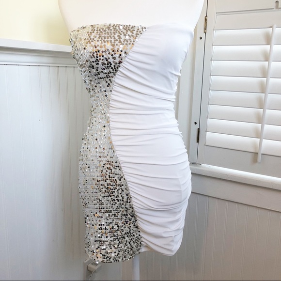 Deb Dresses & Skirts - Deb White/Silver Strapless Bodycon Cocktail Dress